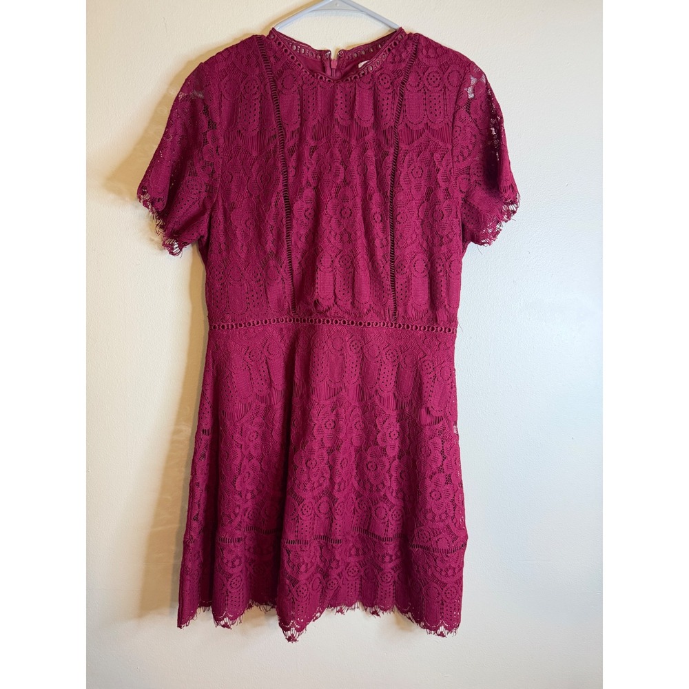 Blu Pepper Womens L Burgundy Lace Mini Dress Short Sleeve Scalloped Hem Cocktail